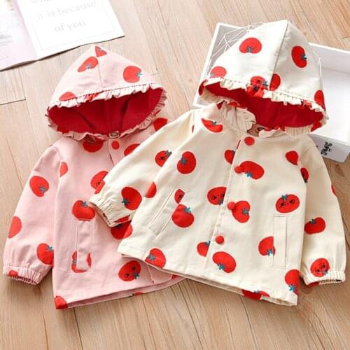 2-7Y Baby Kids Girls Spring Coat Summer Jackets 2021 New Girl Tomato Print Hooded Jacket Children Clothes Long-Sleeved Jacket