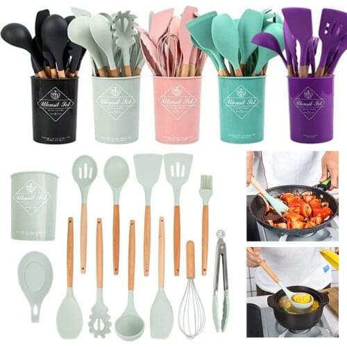 12Pcs Silicone Kitchenware Set Nonstick Pots Home Wooden Handle Resistant Cooking Utensils Kit Kitchen Supplies