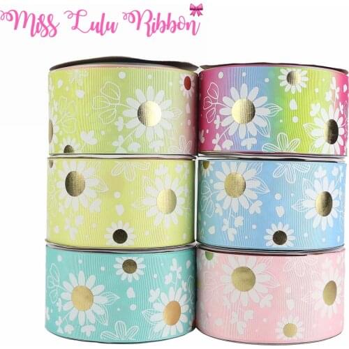 3 "75mm Flower Series Daisy Print Solid / Gradient Holographic Ribbon DIY Gift Accessories Knotting Headband 50 Yards / Roll