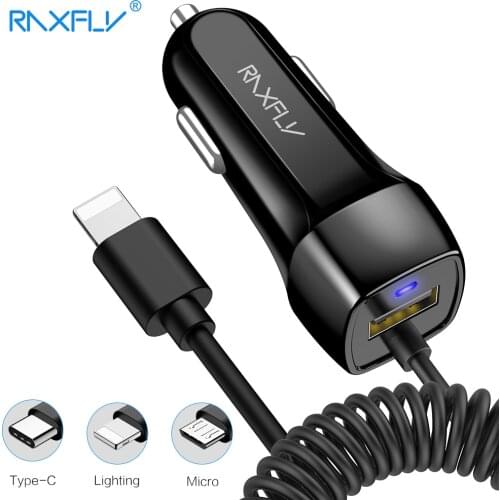 RAXFLY USB Car Charger for iPhone X XR 8 7 Fast USB Charger with Micro USB Type C Lighting Cable Fast Charging for Samsung S9 S8