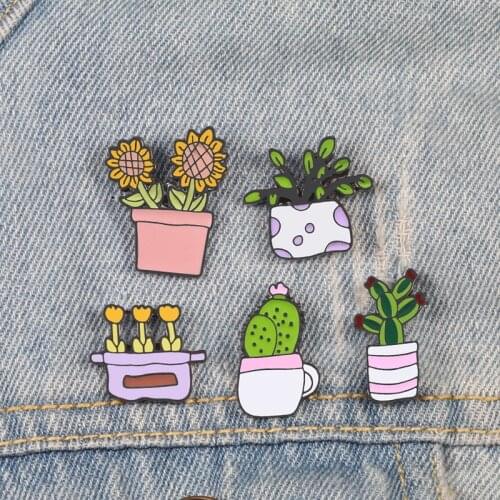 Potted Plants Pins Sunflower Brooches Badges For Woman Girl Cactus Flowers Lapel Pins Shirt Catoon Brooch Natural Jewelry Gift