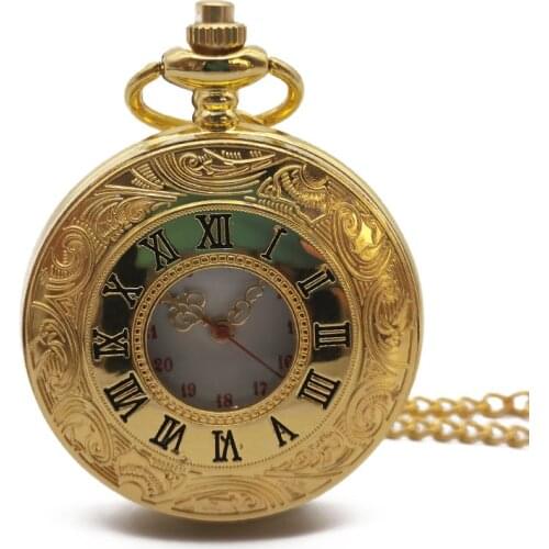 Steampunk hollow case gold steel Roman numeral quartz pocket watch mens pocket watch chain watch mens ladies gift clock