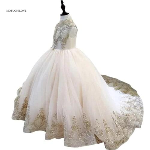 Flower Girl Dresses for Weddings Tulle Princess Gold Sequins BlingBling Holy First Communion Gowns Party Pageant Dress For Girls