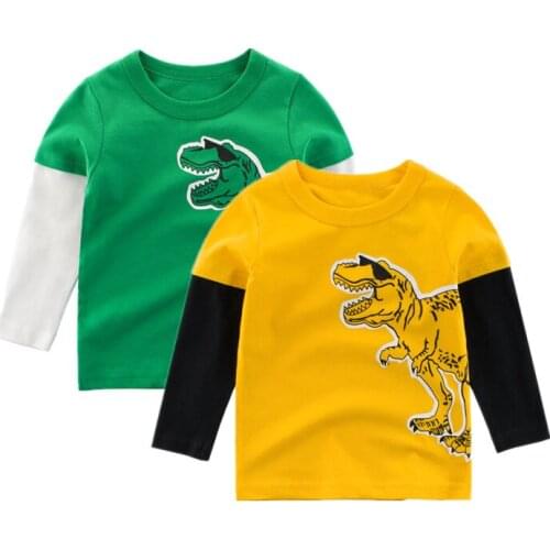 2021 Kids Long Sleeve T-shirts Solid Cotton Tops Boys Girls Dino Print Tees Tops 2 3 4 5 6 7 8 9Years Children Sweatshirts