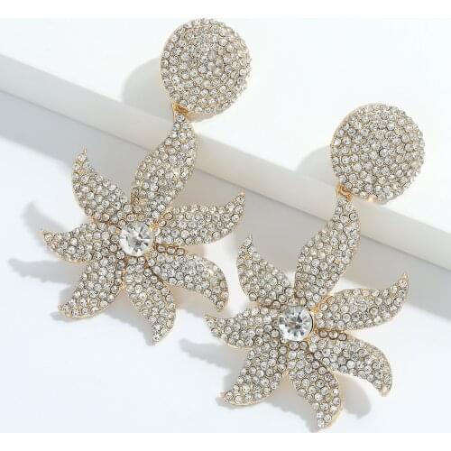 Dvacaman New Design Luxury Charm Full Rhinestone Starfish Shaped Drop Earrings for Women Shiny Crystal Gold Metal Jewelry Party