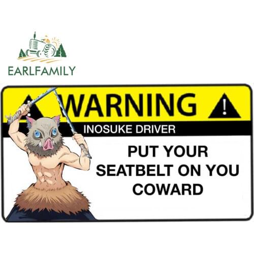 EARLFAMILY 13cm x 7.1cm for Demon Slayer Inosuke Warning Car Sticker RV JDM Decal Waterproof Anime Car Accessoires Windows Decor