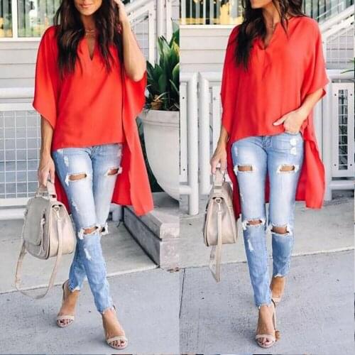 Hot-selling New Simple Fashionable V-neck Loose Raglan Sleeve Top Pure Color Wild Chic Elegant Irregular Pullover T-shirt