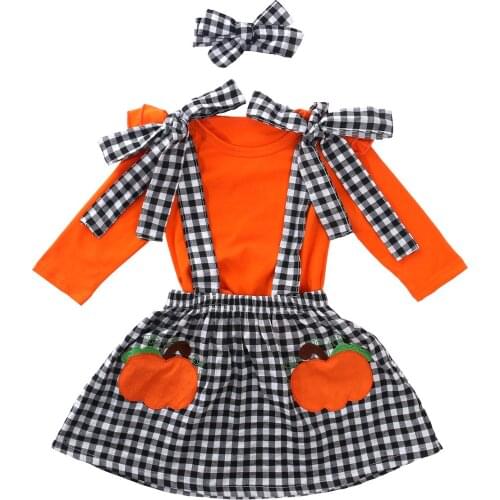 2Pcs Halloween Children Baby Girls Sets Fly Sleeve Solid Top Plaid Lace up Suspender Skirt Toddler Kid Outfits 12M-5Y