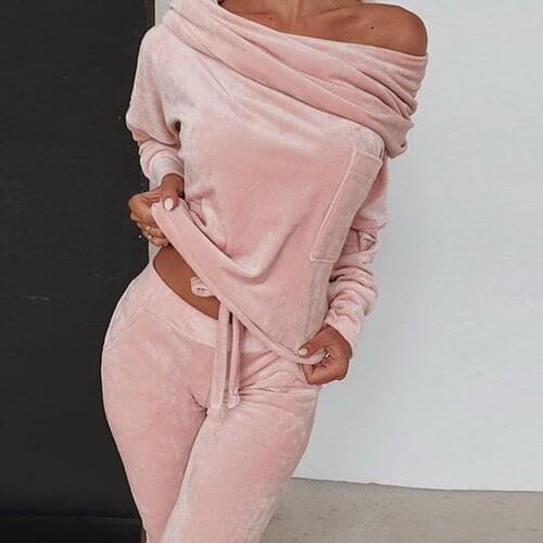 Casual Winter One Shoulder Loose Solid Color Two Piece Set Women Plus Size 5XL Long Sleeve Pink Sweatshirt Sweatpant Female