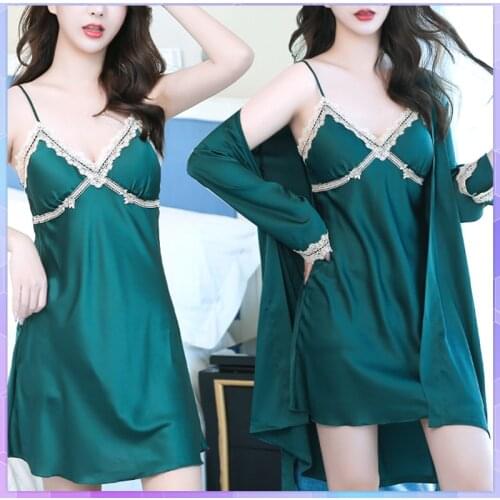 Summer Sexy Lace Robes women Pajamas Set 2Pc Strap Top Dress Ice Silk Sleepwear Suit Spring Autumn Home Wear Nightwear Robe Gown