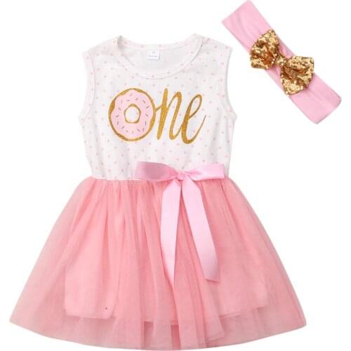 2021 Summer Toddlers Baby Birthday Dresses Girls Outfits Sleeveless Vest Cute Letter Mesh Splicing Tutu Skirt Bow Headband
