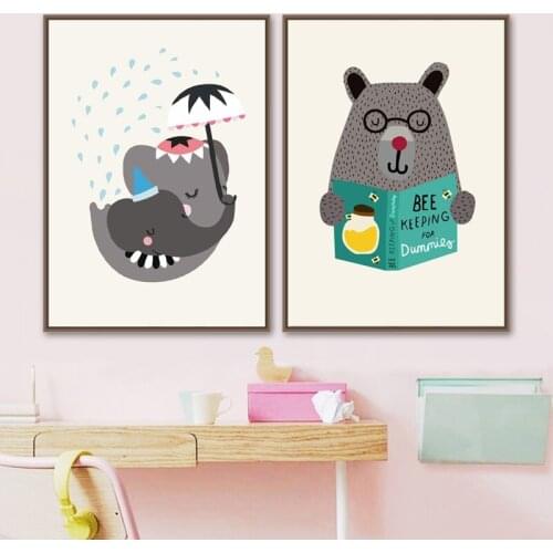 Cartoon Elephant Bear Reading Umbrella Posters And Prints Wall Art Canvas Painting Nordic Poster Wall Pictures Kids Room Decor