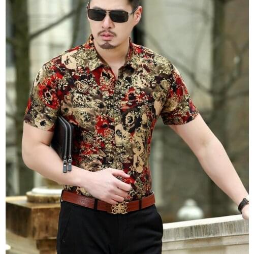 Pattern Mens Flower Business Casual Silk Floral Sexy Shirts Thin Slim Summer Short Sleeved Shirt S-3XL