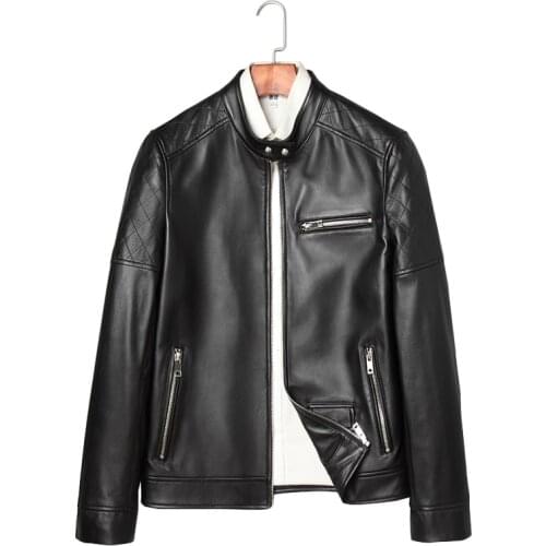 Quality Genuine Sheepskin Leather Men Short Moto Coat Regular Male Black Jacket Casual Men Natural Leather Zipper Spring Jacket