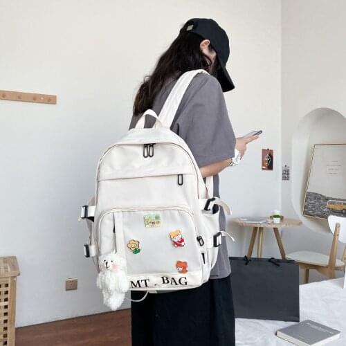Nylon Female Backpack Cute Cartoon badge New Women School Bag Teenage Book Ladies Backpack Kawaii Student Girl Bags Fashion Bear