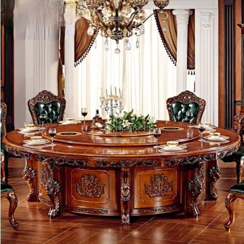 Dining table and chair combination round marble electric hotel big round table villa furniture solid wood dining table