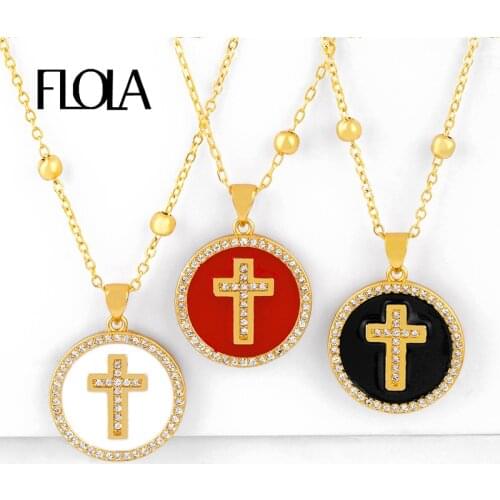 FLOLA CZ Gold Cross Necklaces Women Crystal Round Coin Necklaces Pendants Enamel Statement Jewelry colgante cruz arcoiris nkeq11