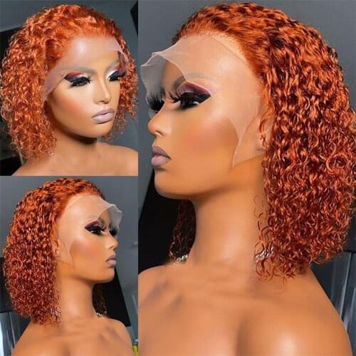 250 density ginger curly human hair wig short Bob wig deep wave front wig Pre-pulled transparent lace wig for black women