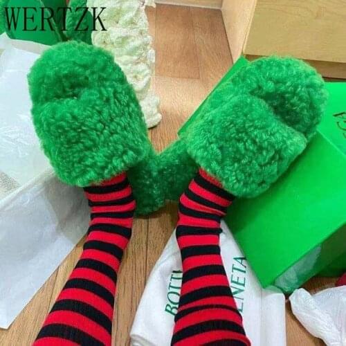 Platform Green Wool Slippers Open Toe Shoes Woman Leisure Mule Flats Fashion Ladies Sandals Thick Sole Women Shoes