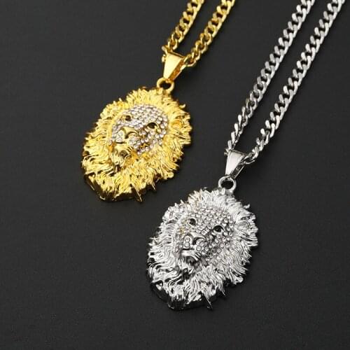Hip Hop Jewelry for Men Rock Gold Color Micro Pave Full Rhinestone Lions Animals Pendant Necklace for Men Boy Rope Chain Copper