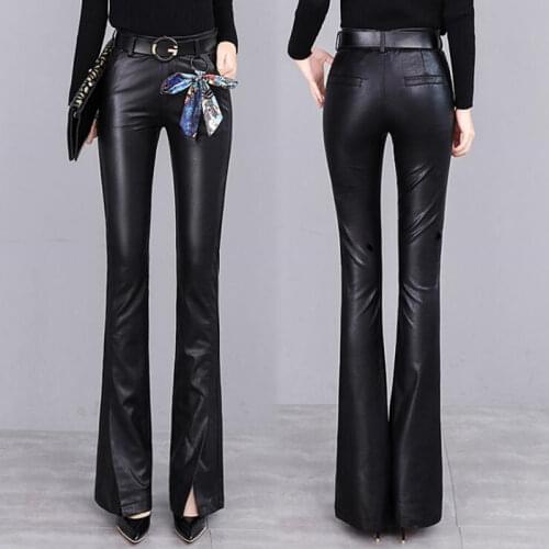 Faux leather Flare pants women 2020 winter autumn Casual High Waist skinny slim OL office PU trousers front split pants women