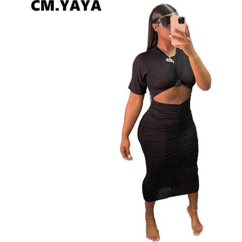 CM.YAYA Women Set Solid Short Sleeve O-neck Tops Stacked Stretchy Long Skirts Two 2 Piece Sets Fashion Outfits Summer 2021