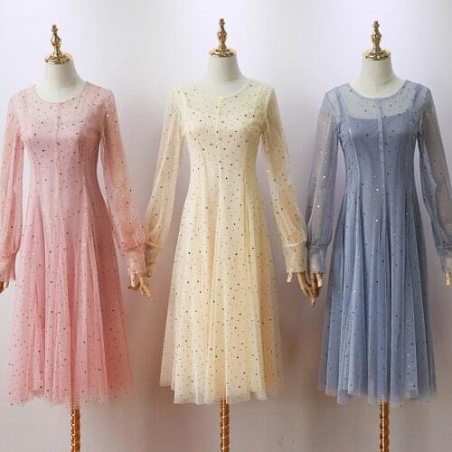 Sweet New Design Mesh Long Sleeve Elegant Turtleneck Mid-Calf Casual Sexy White Black Pink Blue Spring and Autumn Dress Women