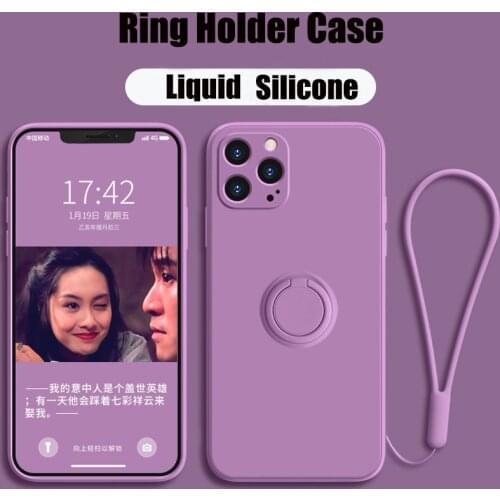 Liquid Silicone Solid Color Phone Case With Ring Holder For iPhone 13 11 12 Pro Max X XR XS Max 7 8 Plus Cover With Hand-strap