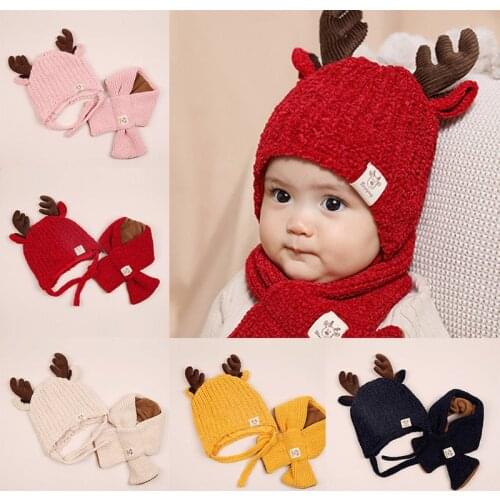 0-36M Girls Boys Hat Scarf Set Toddler Baby Winter Warm Knitted Deer Horn Hats+Warm Scarves Kids Knitted Beanie Set 2pcs