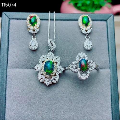 100% Real and Natural Black Opal jewelry set Natural Real Black Opal 925 sterling silver 1pc pendant,1pc ring,2pcs Earring