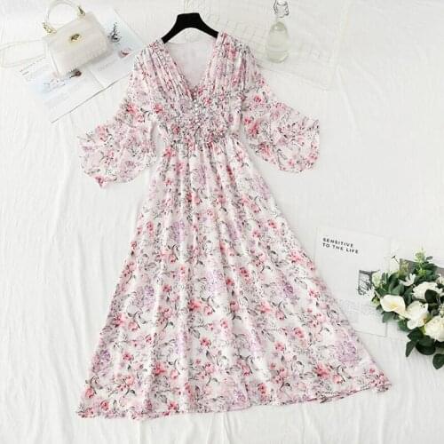 2021 New Summer Floral Print Dresses Women V-neck High Waist A Line Slim Dresses Elegant Flare sleeve Sweet Chiffon Midi Dress