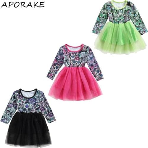 2021 2-6Y Halloween Kids Baby Girls Dress Skull Floral Print Long Sleeve O Neck Tulle Tutu Princess Dress Costume Clothes