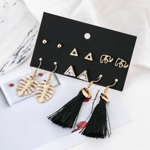 6 Pairs/set Trendy Marble Pattern Triangle Geometric Stud Earrings Set For Women Gold Leaf Black Long Tassel Earrings Jewelry