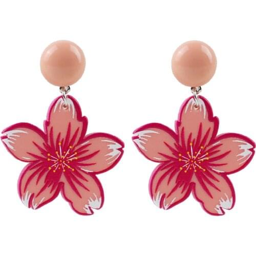 Funny Creative Printing Pink Flower Acrylic Drop Earrings Pendant Long Dangle Earrings For Women Girl Fashion Jewelry Party Gift