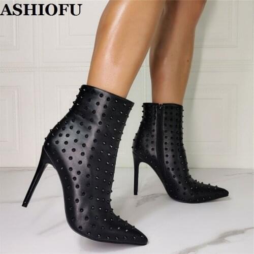 ASHIOFU Handmade Womens High Heels Boots Rivets Spikes Real Pictures Pointed-toe Large Size Evening Fashion Winter Short Boots