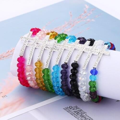 Fashion Handmade Crystal Beads Bracelets For Women Natural Stone Bead Cross Rhinestone Charm Bracelet Bangles Jewelry Wholesale