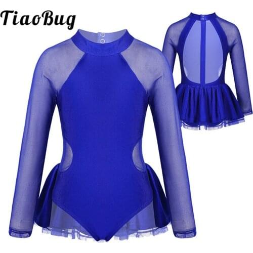 TiaoBug Kids Girls Sheer Long Sleeves Tulle Splice Ruffled Ballet Gymnastics Leotard Jumpsuit Figure Skating Dress Dance Costume