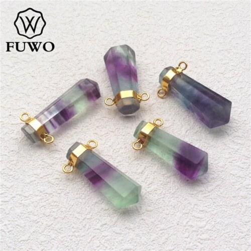 FUWO Natural Fluorite Point Pendants With 24K Gold Filled Brass Bezel Fashion Double Bails Rainbow Crystal Wholesale PD187