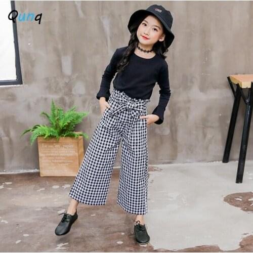 Qunq Girls Clothing Set Black Shirts Plaid High Waist Pant Kids Suits for Girl 2021 New Spring Fall Fashion Children Costume