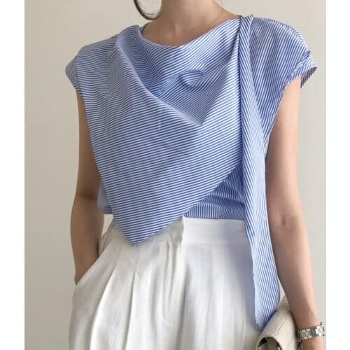 Korean Chic Summer Niche Design Irregular Shawl Lapel Loose Ribbon Stitching Striped Short-Sleeved Shirt