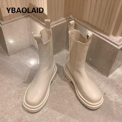 Round Toe White Short Boots Autumn and Winter New Style Chelsea Boots Thick-soled Leather Stretch Stitching Martin Boots