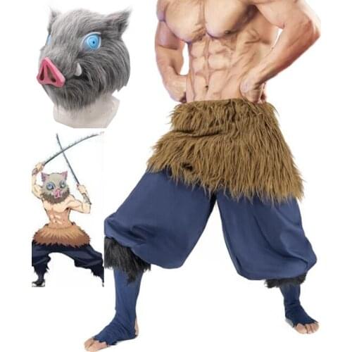 Anime Demon Slayer Kimetsu no Yaiba Hashibira Inosuke Cosplay Costume Pig Silicone Mask Black Socks