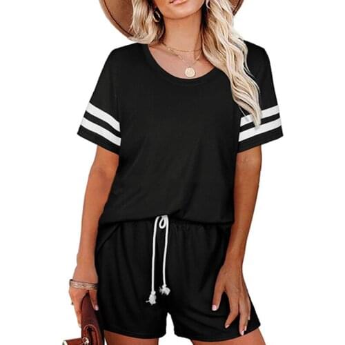 Summer 2 Piece Striped Womens Tracksuit Sets O-neck Short Sleeve Tops And Drawstring Shorts Female Suits 2021 Casual Ladies Set