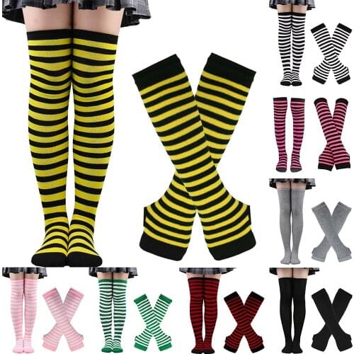 Fashion Striped Arm Sleeve Thumbhole Sleeves Knee High Socks Set for Cosplay Christmas Fingerless Stretchy Gloves Stockings