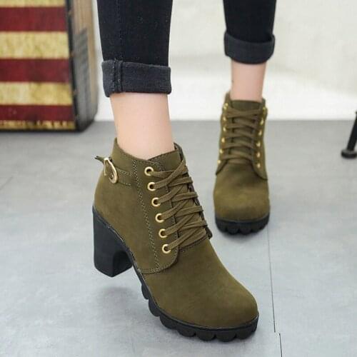 Fashion Women Casual Platform Boots High Heels PU Leather Boots Round Head Martin Boots Comfortable Lace Up Ankle Boots