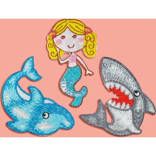 Cartoon Shark Blue Fish Mermaid Embroidered Patches Iron On For Clothing Hat DIY Stripes Applique Badge Stickers Backpack Jacket