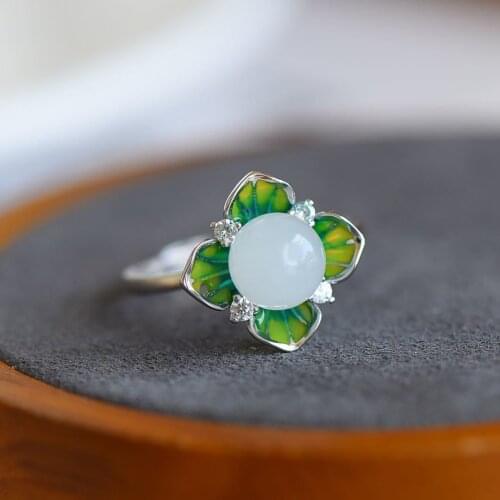 Jade Ring Female Open Ring Female Sterling Silver Vintage Chinese Royal Court Style Classical Flower Decorative Ring Female Adju