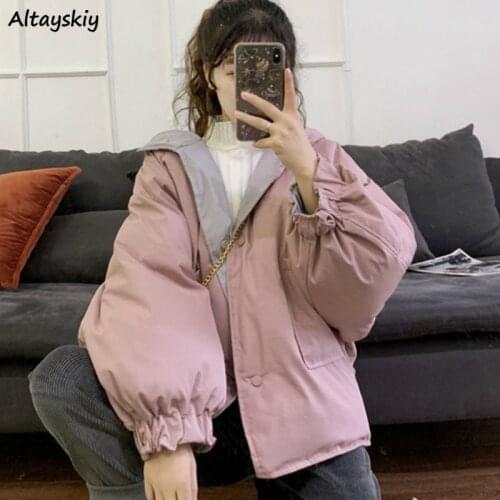 Parkas Women Cotton Winter Thick Korean Sweet Fashion Girls Outwear Pink Hat Single Breasted Solid Simple All-match Female Tops