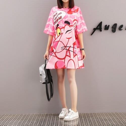 Hot Popular Animal Print Dress Women Pink Panther T Shirt Dress Cartoon T Shirt Dress Summer O Neck Short Sleeve Loose
