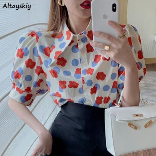 Shirts Women Print Turn-down Collar Puff Sleeve Summer Fashion Loose Leisure Single Breasted Ladies Tops All-match Chic Popular